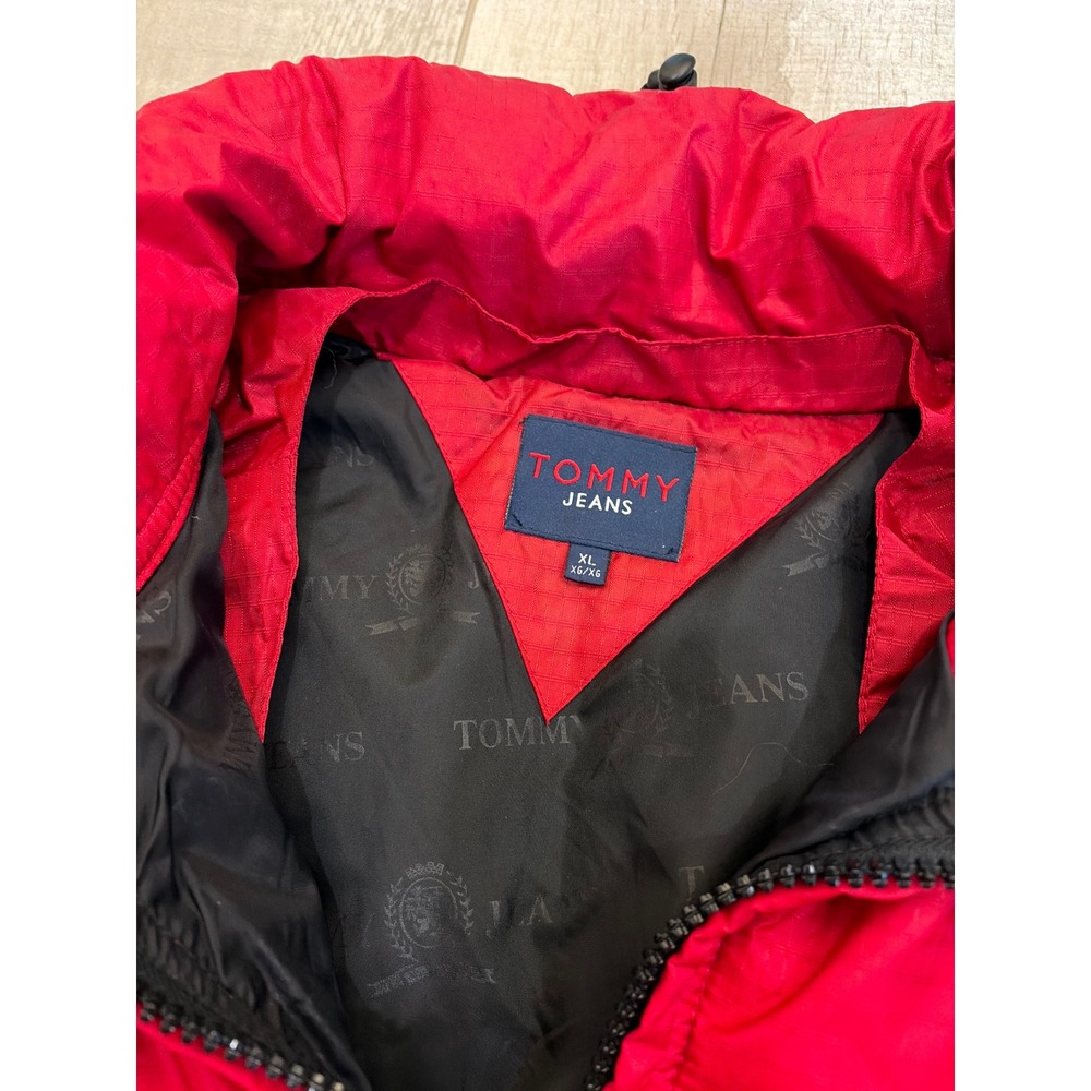 Tommy Jeans Mens XL Red Ripstop Puffer Jacket Vintage Style Full Zip Coat